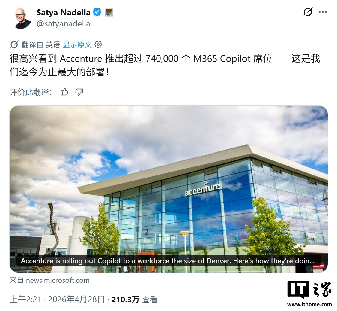 賭博：納德拉：微軟 M365 Copilot 付費企業蓆位超 2000 萬個，周活躍度持平 Outlook